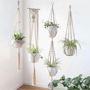 Vintage macramé plant holder, 4 foot long in a earthtone, greenish yellow color